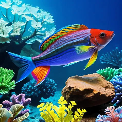 there is a fish that is swimming in the water, exotic fish, tropical fish, a beautiful detailed orixa, beta male, cobalt coloration, bright rainbow nimbus, silvergill adept, very colourful, dark rainbow nimbus, colorful fish, shining rainbow feathers, unus...