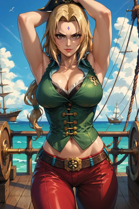 Tsunade, as a female pirate, wearing sleeveless female pirate black outfit with corset, standing in the middle of pirate ship during the day, big breasts, showing both her armpit
