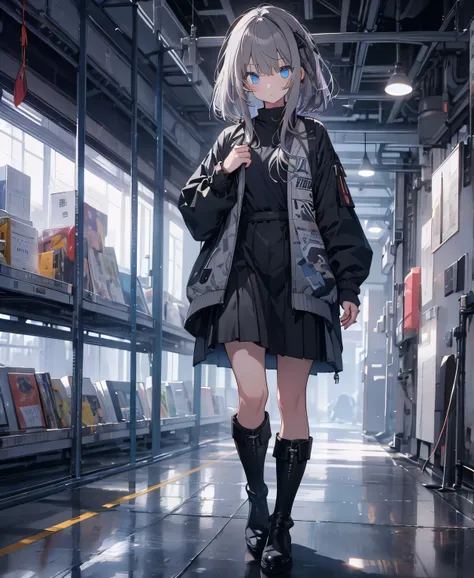 [one girl,  comments, expressionless,  positive for home, (gray hair:1.5), straight hair , (shortcuts:1.4),(Blue Eyes:1.3), Oversized Black Jacket , black skirt, long boots、try as hard as one can、 gloves up to the elbow 