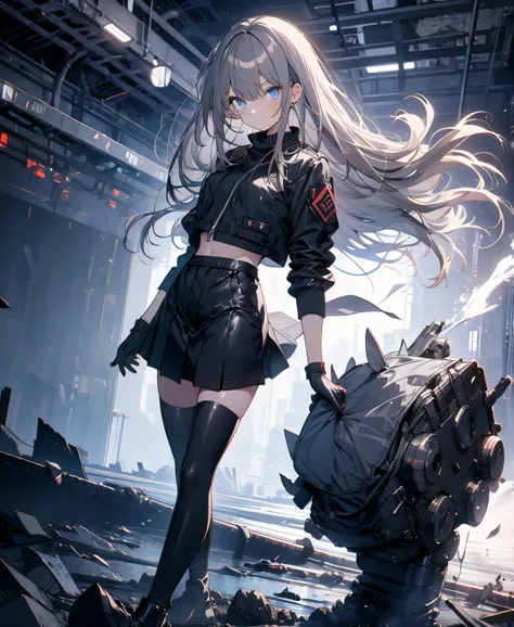 [one girl,  comments, expressionless,  positive for home, (gray hair:1.5), straight hair , (shortcuts:1.4),(Blue Eyes:1.3), Oversized Black Jacket , black skirt, long boots、try as hard as one can、 gloves up to the elbow 