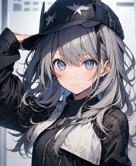 [one girl,  comments, expressionless,  positive for home, (gray hair:1.5), straight hair , (shortcuts:1.4),(Blue Eyes:1.3), Oversized Black Jacket , black skirt, long boots、try as hard as one can、 gloves up to the elbow 