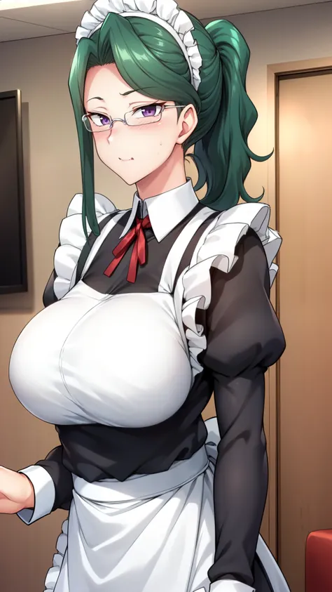 (hentai, risqué, High resolution, 8K, Extremely detailed, Sexy waitress, Ultra HD, Ultra-detailed, Anime style screen cap: 1.3, Anime colours: 1.2) l, maid apron,, (serving tray in hand), (green hair, wavy and ponytail), (apron, maid, maid headdress, ), (L...