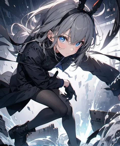 [one girl,  comments, expressionless,  positive for home, (gray hair:1.5), straight hair , (shortcuts:1.4),(Blue Eyes:1.3), Oversized Black Jacket , black skirt, long boots、try as hard as one can、 gloves up to the elbow 