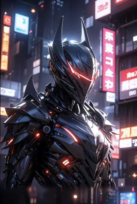 cybernetic knight в высокотехнологичной тактическом экзоскелете покрытый массивной темной-серой броне, Dark metal armor with sharp, angular shapes and glowing red elements. Helmet with pointed ears, similar to a tactical combat suit. Detailed mechanical st...
