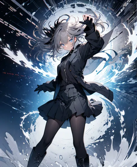 [one girl,  comments, expressionless,  positive for home, (gray hair:1.5), straight hair , (shortcuts:1.4),(Blue Eyes:1.3), Oversized Black Jacket , black skirt, long boots、try as hard as one can、 gloves up to the elbow 