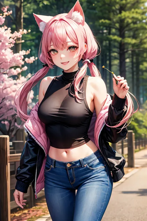 Top quality, high resolution, perfect human anatomy, cat ears, front view, shiny hair, pink hair, twin tails, forest, cherry tree, gradient eyes, clean bangs, front view, long black jeans, smile