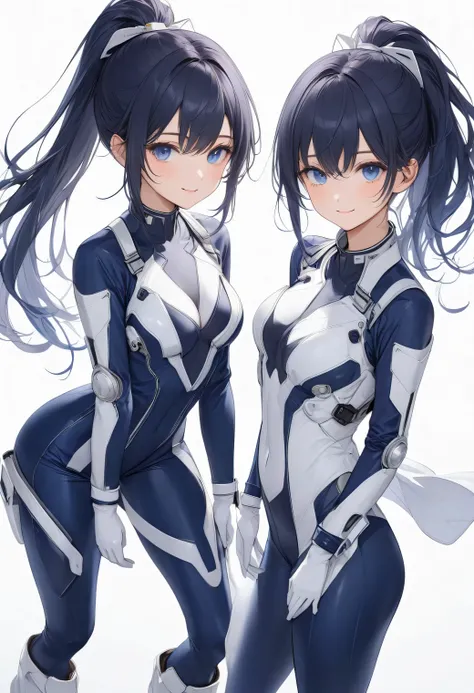 (​masterpiece、 Top Quality、 highest resolution 、 Clear Images 、  detailed image 、 The angle is from above ): ( One Japanese Woman 、 High Ponytail、  dark blue hair  、 Sparkling blue eyes 、(  white and navy blue pilot suit （Enamel Finish ）、white and dark blu...