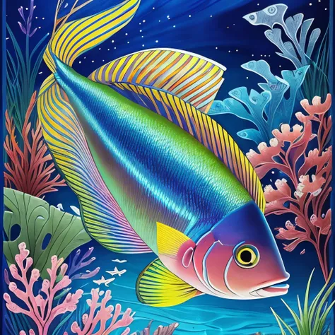 there is a fish that is swimming in the water, an illustration of by Gwen Barnard, featured on reddit, fine art, exotic fish, tropical fish, a beautiful detailed orixa, beta male, cobalt coloration, bright rainbow nimbus, silvergill adept, very colourful, ...