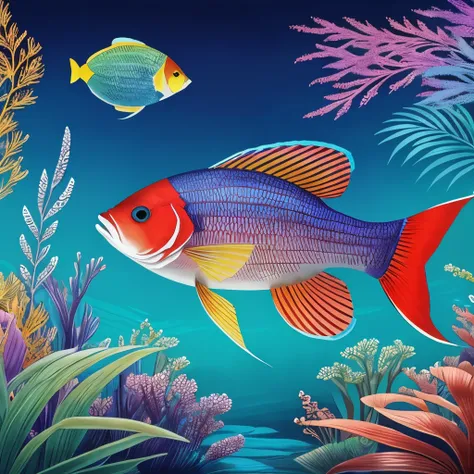 there is a fish that is swimming in the water, an illustration of by Gwen Barnard, featured on reddit, fine art, exotic fish, tropical fish, a beautiful detailed orixa, beta male, cobalt coloration, bright rainbow nimbus, silvergill adept, very colourful, ...