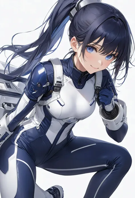 (​masterpiece、 Top Quality、 highest resolution 、 Clear Images 、  detailed image 、 The angle is from above ): ( One Japanese Woman 、 High Ponytail、  dark blue hair  、 Sparkling blue eyes 、(  white and navy blue pilot suit （Enamel Finish ）、white and dark blu...