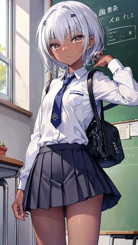 Best Quality、、(brown skin, dark skin,sunburn)、 Silver Hair、very short hair,Petite、slender on the background、( school uniform,shirt,tie,Check Pleated Skirt,),classroom,random suspect,Small breasts,toned body,boyish, Unisex 