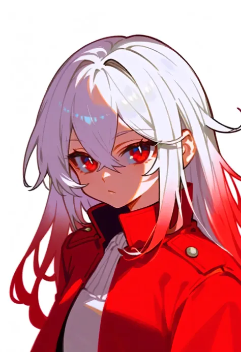 score_9, score_8_up, score_7_up, score_6_up, score_5_up, score_4_up, show accurate, (((portrait))), (solo), female, white background, white hair, long hair, red eyes, red jacket, Beautiful detailed eyes, gradient hair, hairs between eyes,