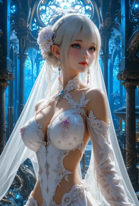  best quality , Super quality, 16k,  Unbelievably Absurd,  very detailed,  lovely photo,  delicate and dynamic,  Kiri Reina female,  seductive smile,  pure white wedding dress ,  great style , bouquet,  steampunk,  DIESEL PUNK ,  clock punk ,  cyberpunk, G...