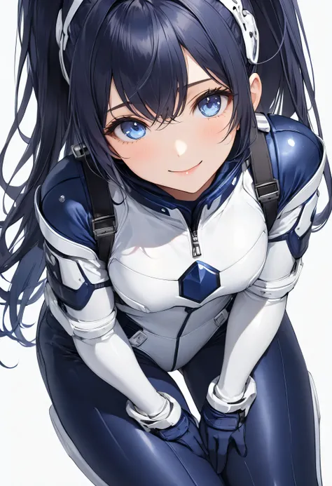 (​masterpiece、 Top Quality、 highest resolution 、 Clear Images 、  detailed image 、 The angle is from above ): ( One Japanese Woman 、 High Ponytail、  dark blue hair  、 Sparkling blue eyes 、(  white and navy blue pilot suit （Enamel Finish ）、white and dark blu...