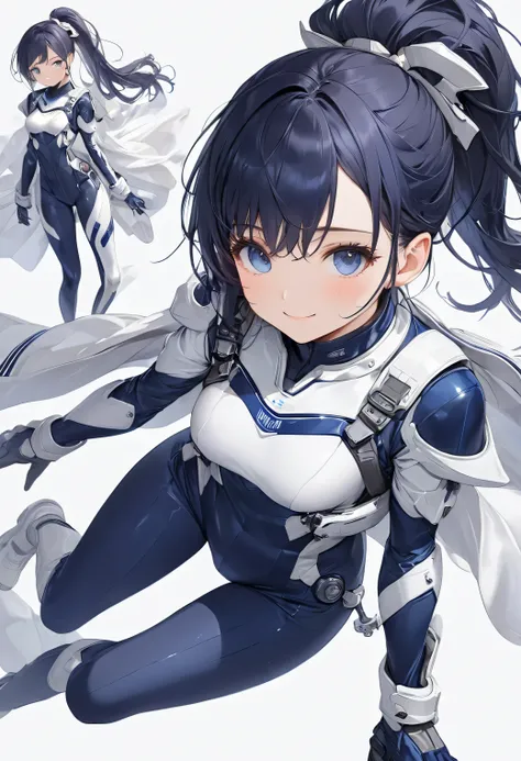 (​masterpiece、 Top Quality、 highest resolution 、 Clear Images 、  detailed image 、 The angle is from above ): ( One Japanese Woman 、 High Ponytail、  dark blue hair  、 Sparkling blue eyes 、(  white and navy blue pilot suit （Enamel Finish ）、white and dark blu...