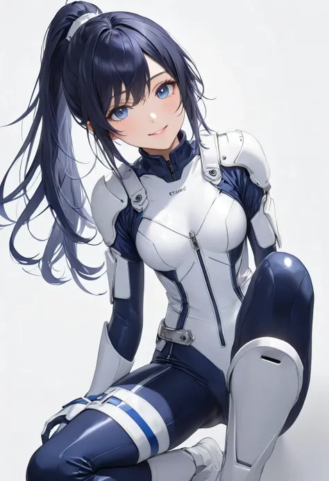 (​masterpiece、 Top Quality、 highest resolution 、 Clear Images 、  detailed image 、 The angle is from above ): ( One Japanese Woman 、 High Ponytail、  dark blue hair  、 Sparkling blue eyes 、(  white and navy blue pilot suit （Enamel Finish ）、white and dark blu...