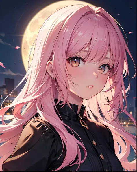  1 girl 、pink hair near MM、long hair、With bangs、browneyes、eyes、full moon night、gorgeous、long sleeve dress with collar、Hi-Res, spring