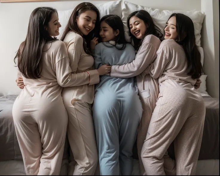 Very detailed picture, girls sleeping on bed form behind ,sleeping on bed, Several respectable covered pajamas with hidden very big breasts xxl ,slim girls with long dark black hair, laughing faces covered with pajamas and full closed pajamas, 18 year old ...