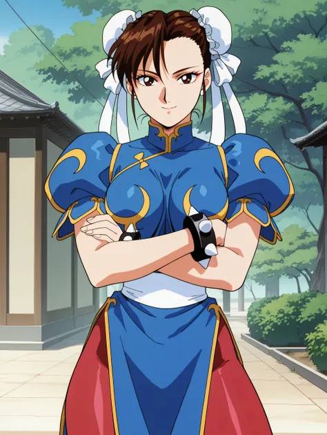 masterpiece, best quality, newest, absurdres, highres, detailed eyes, beautiful, detailed background, perfect eyes, anime coloring, anime screencap, 1990s \(style\), 1girl, solo, mature female, chun-li, brown hair, bangs, short hair, double bun, bun cover,...