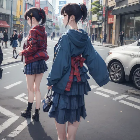 (masterpiece、 best quality、 highest resolution、 clear _ images、 Detailed Details 、 angle): (Alone、one girl、the face of Japan、 high knot ponytail 、Dark Blue Haired Girl 、（ perfect body：1.4）、 sparkling blue eyes 、( woman wearing skirt and jacket,  tartan hoo...