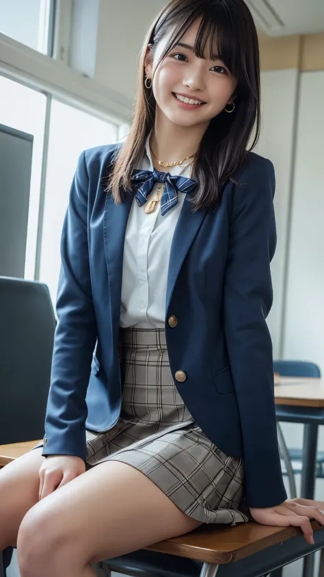 (Highest quality, 4K, High resolution, masterpiece, Genuine, Realistic, Realistic:1.3), (upper body), Girl sitting on desk in a school changingroom and touching mini skirt, make clenched fist out in front of body, blue bow tie uniform, Dark Blown Blazer, b...