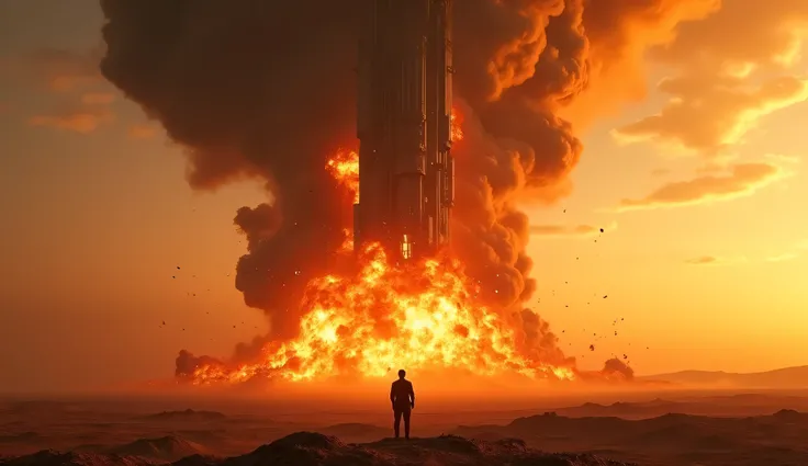 A massive alien flagship crashes into a barren wasteland, engulfed in roaring flames and dust at dawn. A towering plume of orange and black smoke rises, stretching into the sky. Human survivors stand triumphant below. Epic sci-fi victory, wide shot, 16:9, ...