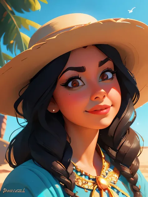 a close up of a woman in a dress and a hat, beautiful character painting, disney art style, disney concept art, disney character, disney character style, photorealistic disney, disney artstyle, she is mexican, mexican folklore, stunning character art, disn...