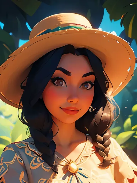 a close up of a woman in a dress and a hat, beautiful character painting, disney art style, disney concept art, disney character, disney character style, photorealistic disney, disney artstyle, she is mexican, mexican folklore, stunning character art, disn...