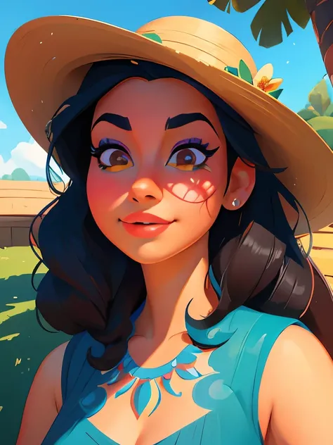 a close up of a woman in a dress and a hat, beautiful character painting, disney art style, disney concept art, disney character, disney character style, photorealistic disney, disney artstyle, she is mexican, mexican folklore, stunning character art, disn...