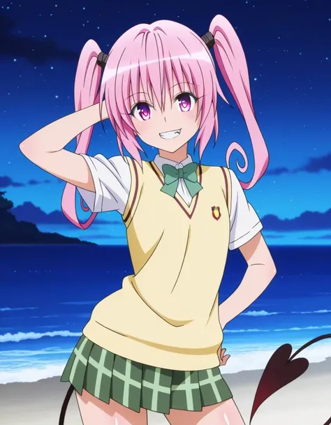 
nana astar deviluke, long hair, twintails, school uniform, vest, (tail:1.2), (fang:1.2),  anime screenshot, shiny skin, high quality, solo, night sky, beach, hand behind head, hand on hip, ((contrapposto)), closed mouth, cowboy shot, looking at viewer, gr...