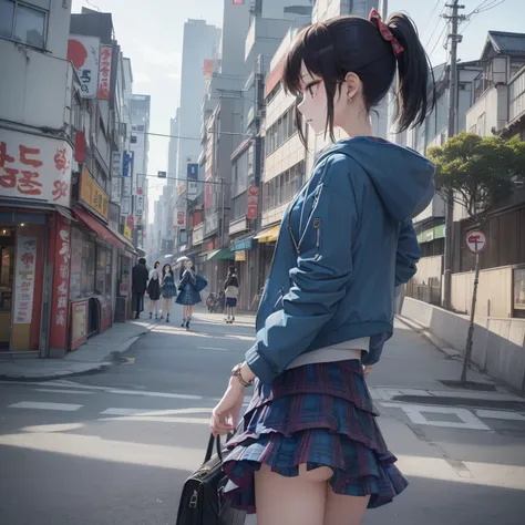 (masterpiece、 best quality、 highest resolution、 clear _ images、 Detailed Details 、 angle): (Alone、one girl、the face of Japan、 high knot ponytail 、Dark Blue Haired Girl 、（ perfect body：1.4）、 sparkling blue eyes 、( woman wearing skirt and jacket,  tartan hoo...