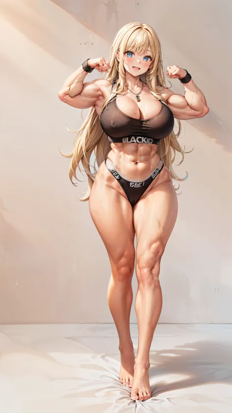 masterpiece、 high image quality、smiles、open mouth、( Blonde Long Hair :1.5)、(female bodybuilder pose、full body:1.5)、(Big Breasts、SFW Giant Body)、(black high waisted panties that are straddling)、(wearing high-leg thong )、 blue eyes、 necklaces、 (thong  :1.5、 ...