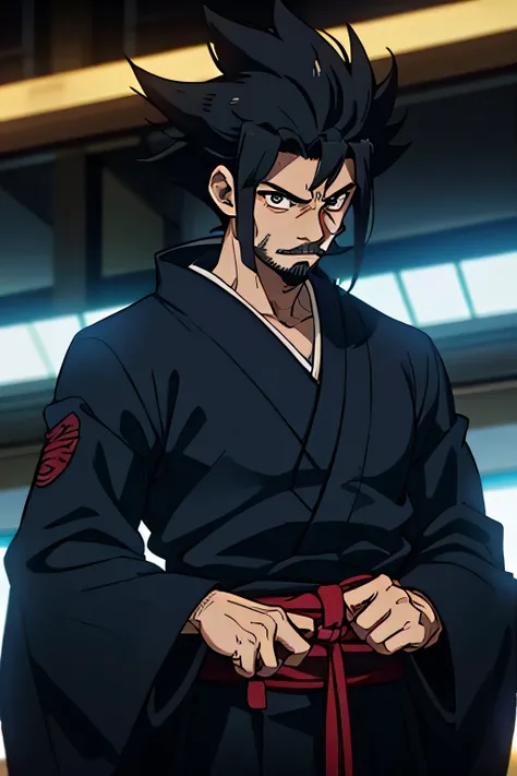 32 year old man, japanese, a samurai, muscular , a criminal but good, black hair, eyeballs of blue color, wear black and white samurai kimono, hairs form the letter X, has a veil and mustache, Swordsman, hair in pigtail 4