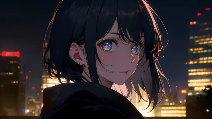 16k,beautiful, Best Quality, very detailed face, Delicate Eyes, perfect lighting,1 personの女の子、black long coat、  black hair. short hair,city of night、city、1 person、walk、art