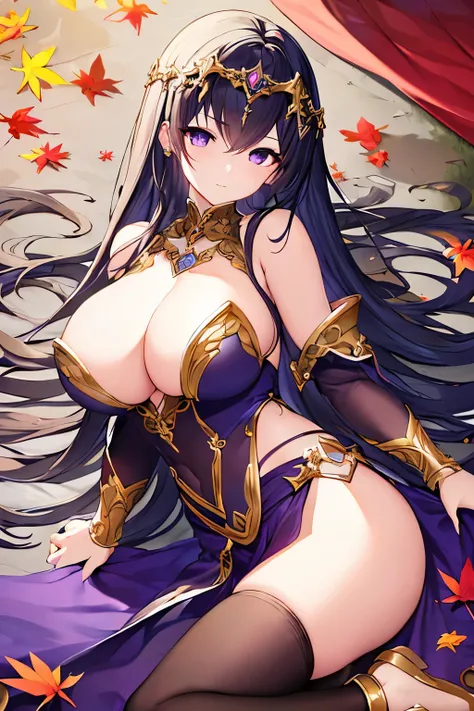 (4K、masterpiece、High Resolution、high image quality、Detailed light、 detailed shadows 、detailed design)、1 girl、( Gold)、fantasy、((Evil Saints))、(dark purple clothes)、gorgeous circlet、big breasts、Fall、 shoulder out、Bare legs、slit skirt