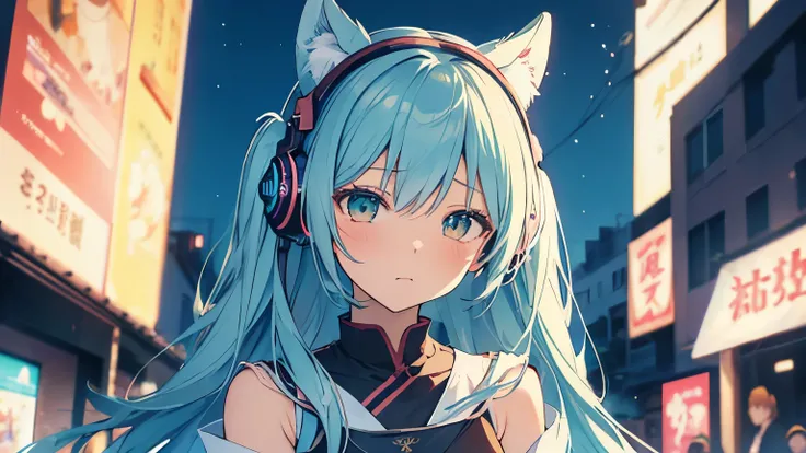 tsundere　womanメイン　 The background is blurry and  　  drawing only the upper body 　 woman　 sad　 face　  Upward Glance  　Gweise style artwork with headphones、 Beautiful Anime 、 alone　Gwyth 、 Beautiful Anime  girl、 Beautiful Anime  girl、girl with turquoise hair...