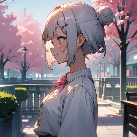 １girls、Bun hair with short silvery bob hair gathered together with a hair clip, pink eyes、smile、profile in landscape orientation from、upper body closeup、 Morning Cafe Terrace 、Background blur, written boundary depth