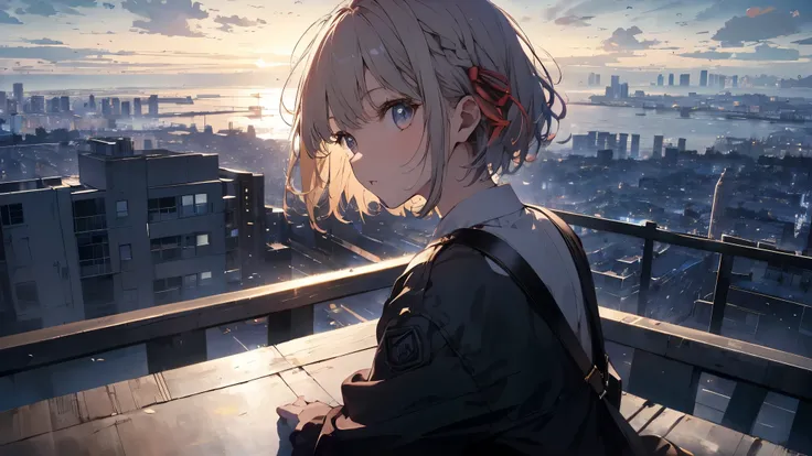 table top, highest quality, shape,  wallpaper, very detailed, absurd, one girl, alone, ( 1 medium short hair、 short braided hair), Beautiful fine details, (street:1.3),  bright sky、hair blown in the wind, (Panoramic Views:1.3), (Depth:1.5), (Long Hit:1.3)