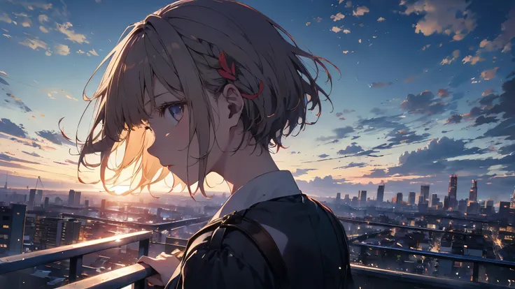 table top, Best Quality, shape,  wallpaper, very detailed, absurd, one girl, alone, ( 1 medium short hair、 short braided hair), Beautiful fine details, (street:1.3),  bright sky、hair blown in the wind, (Panoramic Views:1.3), (Depth:1.5), (Long Hit:1.3)