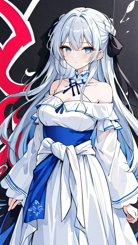 Masterpiece, Best Quality, Top Quality, Very Detailed, An anime girl with long, flowing silver-blue hair standing confidently in front of a vibrant graffiti wall. She wears a stylish off-shoulder white dress with a black ribbon tied around her waist, her s...