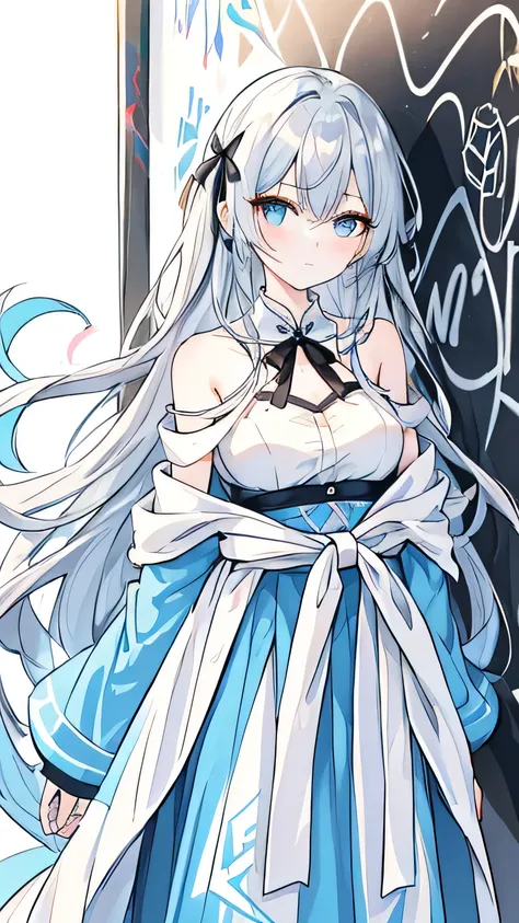 Masterpiece, Best Quality, Top Quality, Very Detailed, An anime girl with long, flowing silver-blue hair standing confidently in front of a vibrant graffiti wall. She wears a stylish off-shoulder white dress with a black ribbon tied around her waist, her s...