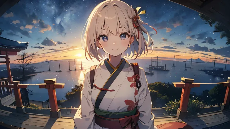 table top, Best Quality,illustrations, very well detailed, absurd, one girl、 ( 1 medium short hair), very well detailed beautiful eyes , hair blown in the wind、small head、 A Beautiful Night Sky 、(Panoramic Views:1.5),shrine、Priest、torii、Japan、Religious、Shi...