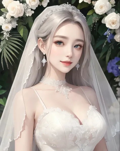 best quality、masterpiece、
  Vivid 、beautiful girl、1 person、double eyelids、big eyes、sepia eyes 、 Silver Hair、((wedding dress、White Lace Dress、Organza))、princess、choker、earrings、Flower Field、corolla、 natural smile 