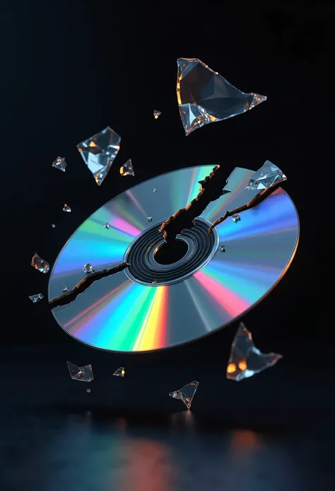 Here is an extremely detailed prompt to obtain a result faithful to the image:

Prompt:
fragments “A hyperrealistic image of a CD or optical disc broken into several pieces, with an aesthetically balanced design. The disc is symmetrically chipped, } with a...