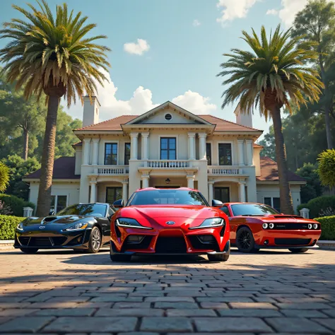 3 sports car supra, mustang, dodge challenger in front of a house