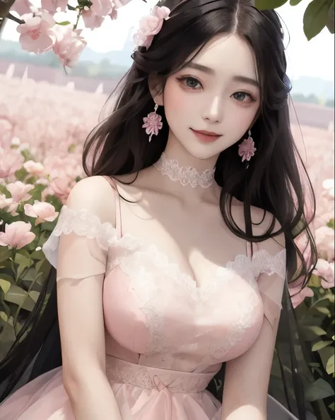 best quality、masterpiece、
  Vivid 、beautiful girl、1 person、double eyelids、big eyes、sepia eyes 、 black hair、long hair、((Pink lace dress、Organza))、princess、choker、earrings、Flower Field、corolla、 natural smile 