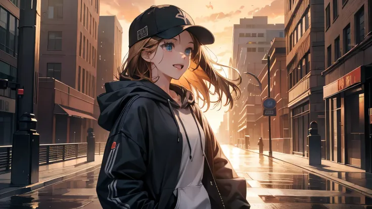 cinematic artwork of a woman walking alone, ( She's looking up :1.3, wearing a hooded sweatshirt, Wearing a sports hat, laughing, holding hands in pockets, PROFESSIONAL IMAGE),  dramatic atmosphere , semi-realistic, [:(perfect face,  expressive face ,expre...