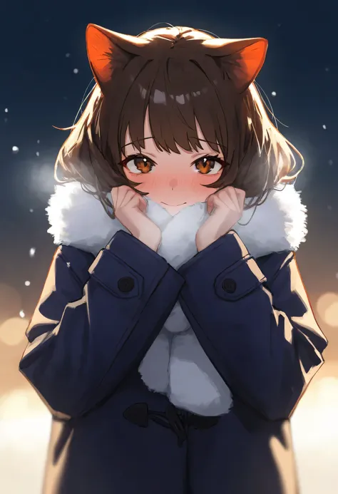 aruhshura, 1girl, animal ears, brown hair, brown eyes, medium-length hair, fluffy hair, bangs, oversized coat, fur-trimmed coat, warm winter clothes, fluffy scarf, hands on cheeks, blushing, gentle smile, cute face, soft expression, warm expression, lookin...