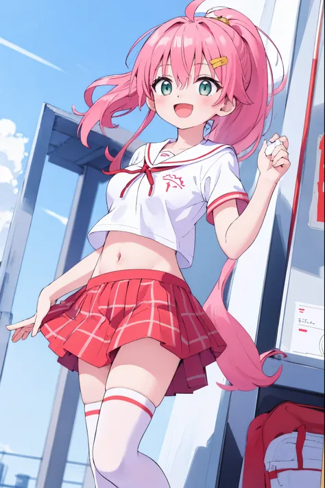 masterpiece, best quality, 1 _girl, solo, MikoSchool,ahoge,pink_hair,(short_ponytail:1.3), hairclip, white shirt, sailor_collar, pink_skirt, plaid, white_thighhighs, short_sleeves,  looking through legs,big_smile,large_breasts,midriff,happy, excited,open_m...