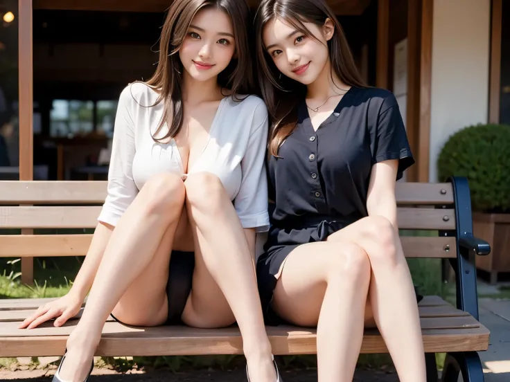 Masterpiece, top quality, high resolution, anatomically correct, ultra high definition. Two beautiful women in the picture. Beautiful Japanese woman. They both have large breasts and beautiful legs. They have well-defined faces. They have model bodies. The...